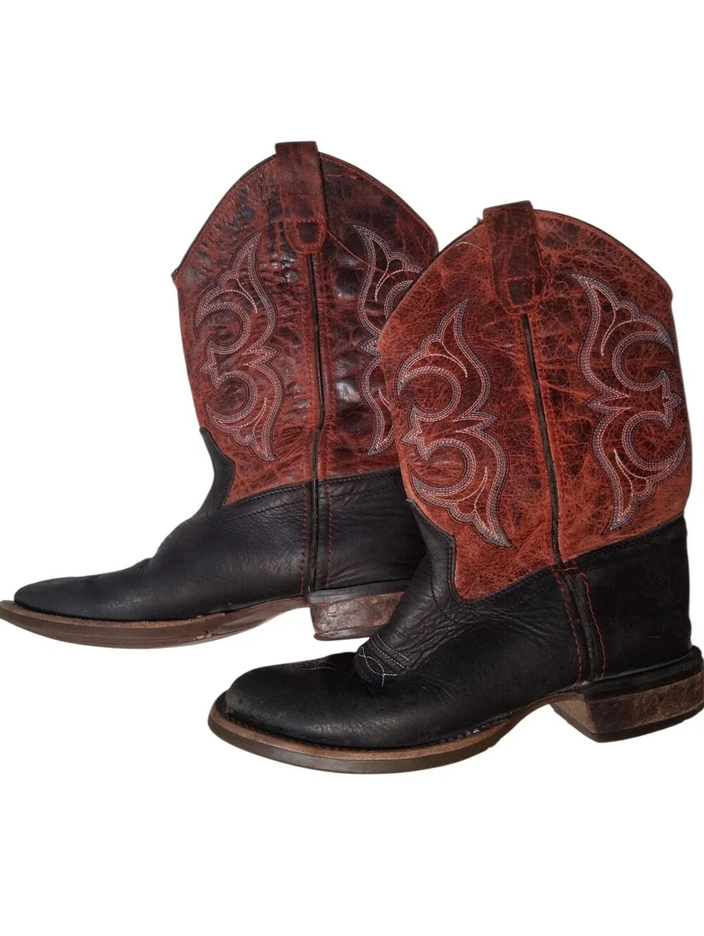 Old West Broad Square Toe Western Cowboy Boots Black & Maroon 2.5D Youth Size